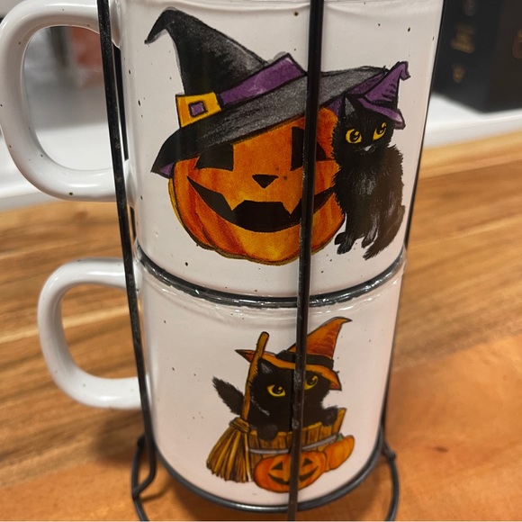 NEW Halloween Black Cat & Jack o’lantern 🐈‍⬛ 🎃 ceramic Stacking Mug Set Stand - Picture 4 of 5